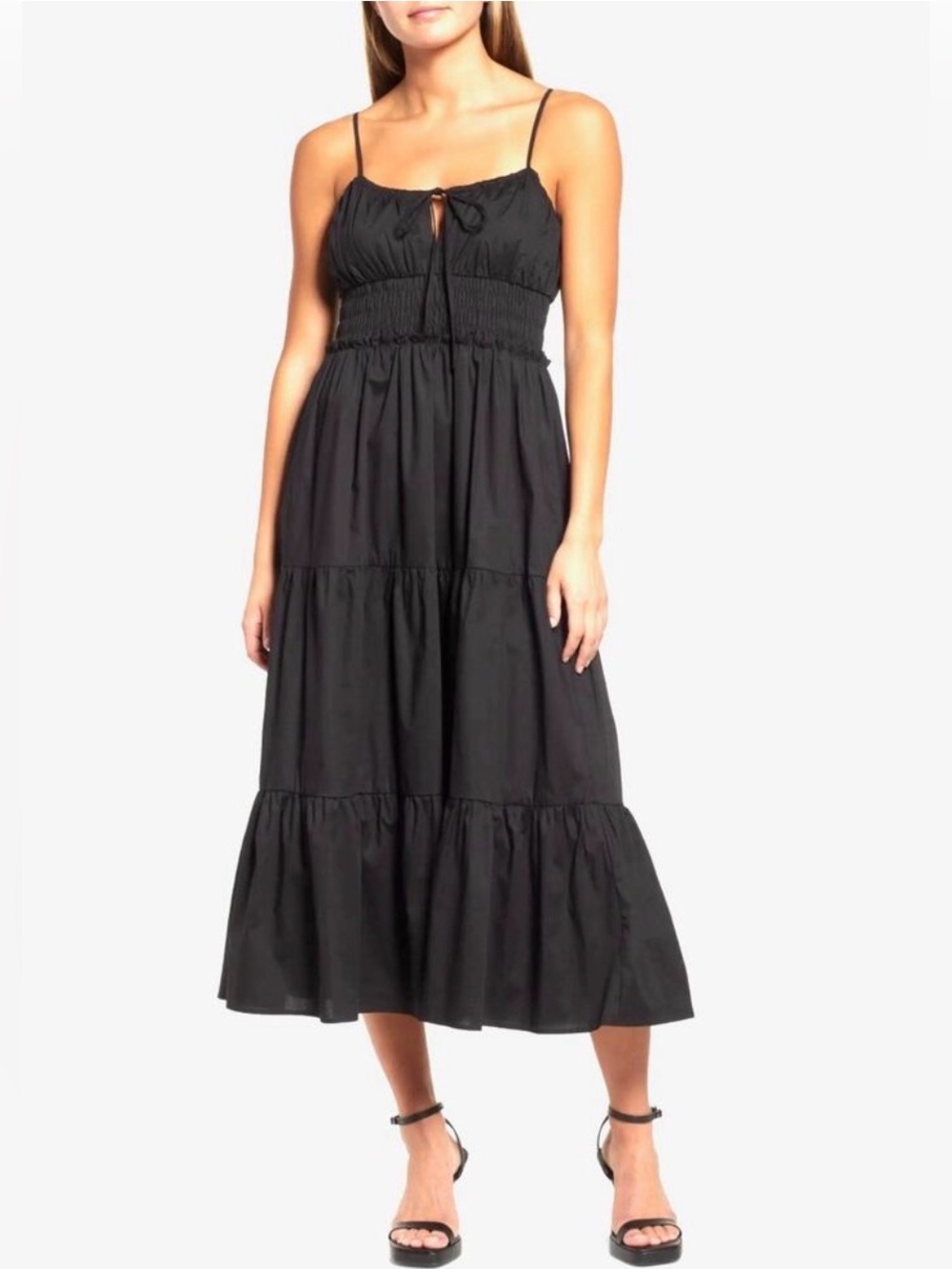 NWOT WAYF Wisteria Black Tiered Midi Sundress Smocked Waist Cotton Size Large
